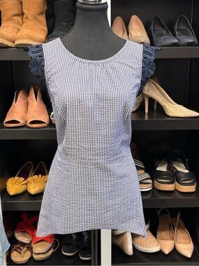 CAbi Blue and White Striped Sleeveless Top with Navy Crochet Cap Sleeves